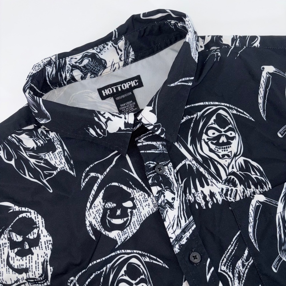 Hot Topic Grim Reaper Skull Button‎ Down Shirt Mens Large Black White